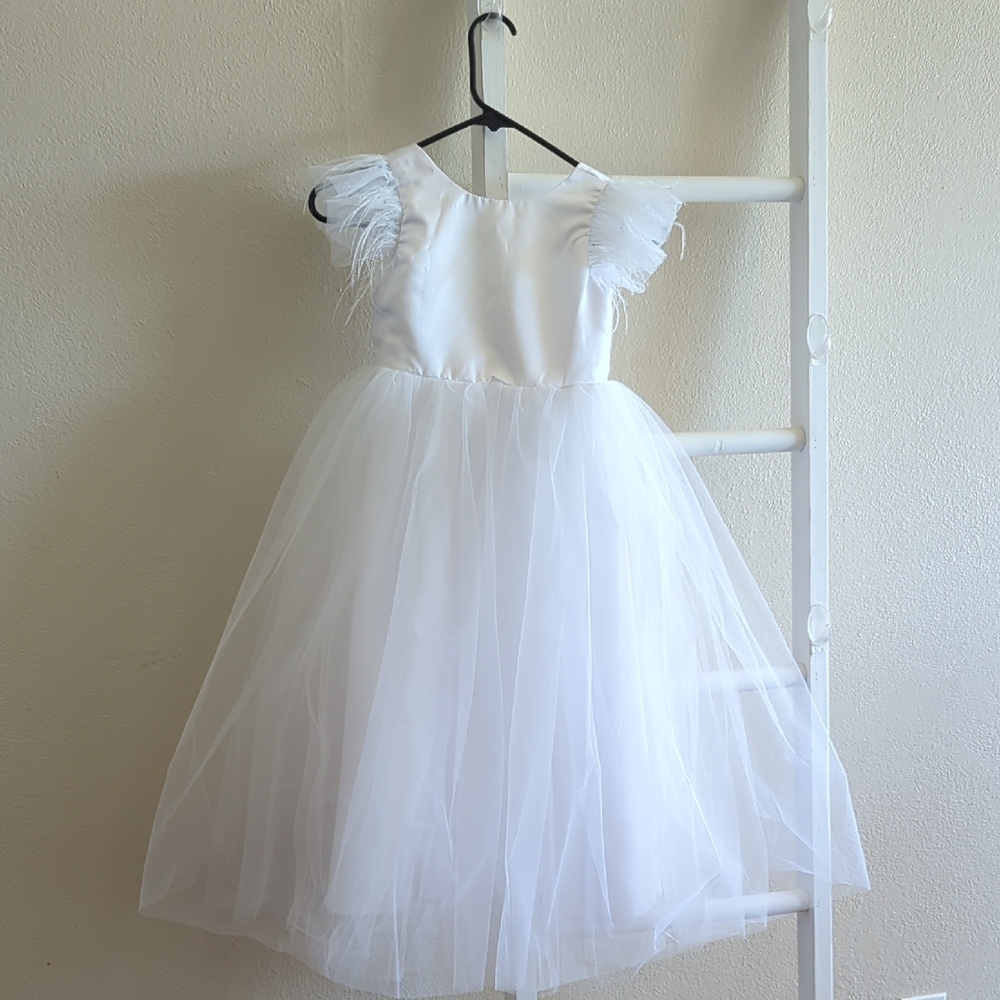 Elegant White Special Occasion Dress & Chasing Fireflies Petticoat, Girls Size 6